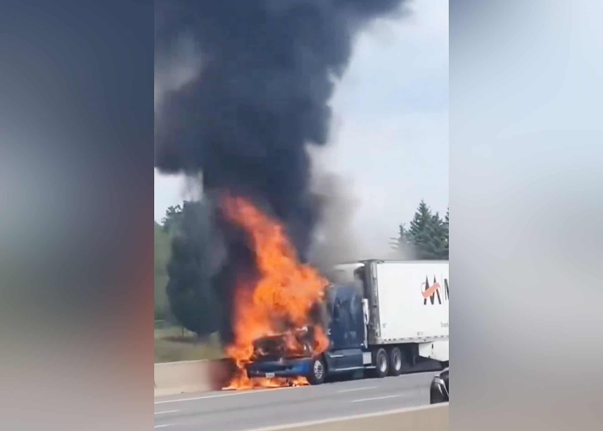 transport truck fire highway 401 mississauga