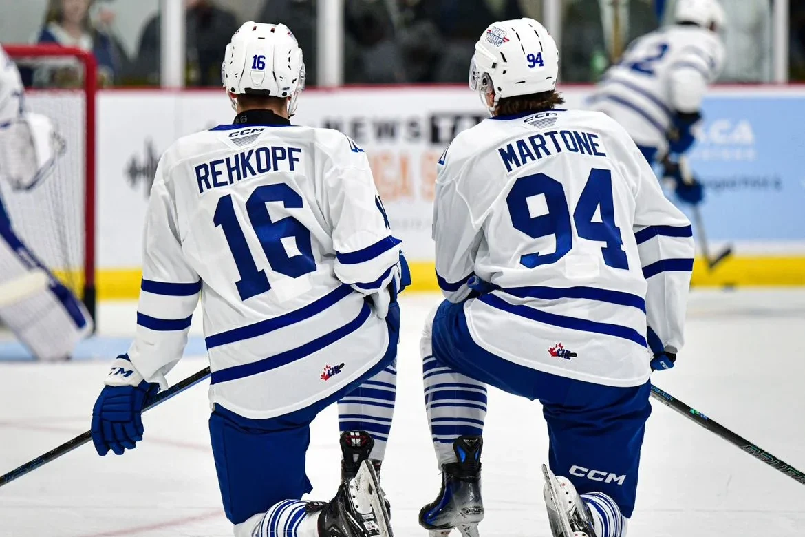 Porter Martone and Carson Rehkopf of the Brampton Steelheads