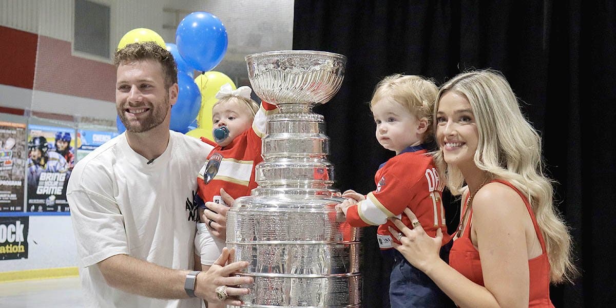 Jonah Gadjovich and family with the Stanley Cup in Whitby