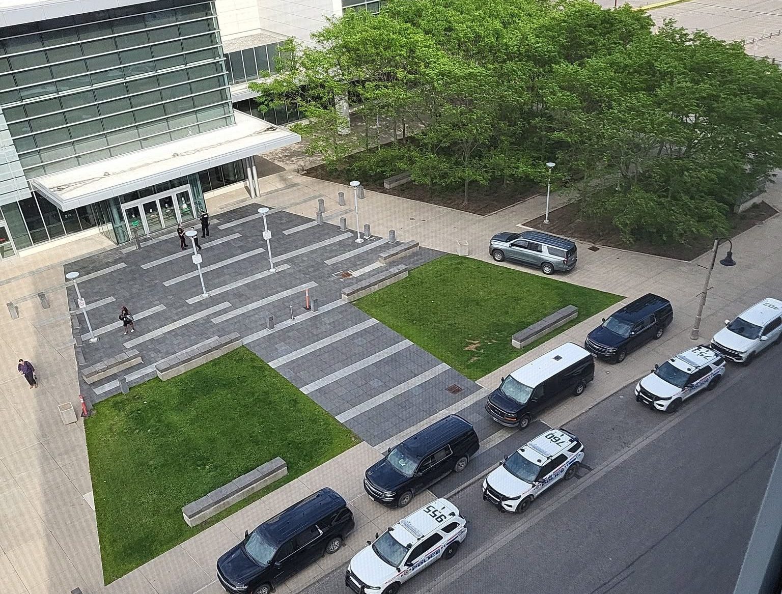 Major police presence at Oshawa Courthouse.